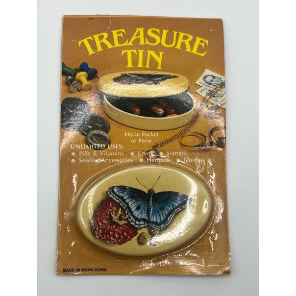VTG 1970s Butterfly‎ Small Treasure Tin Pill Holder Hair Pins Coin Holder NOS - Picture 1 of 4